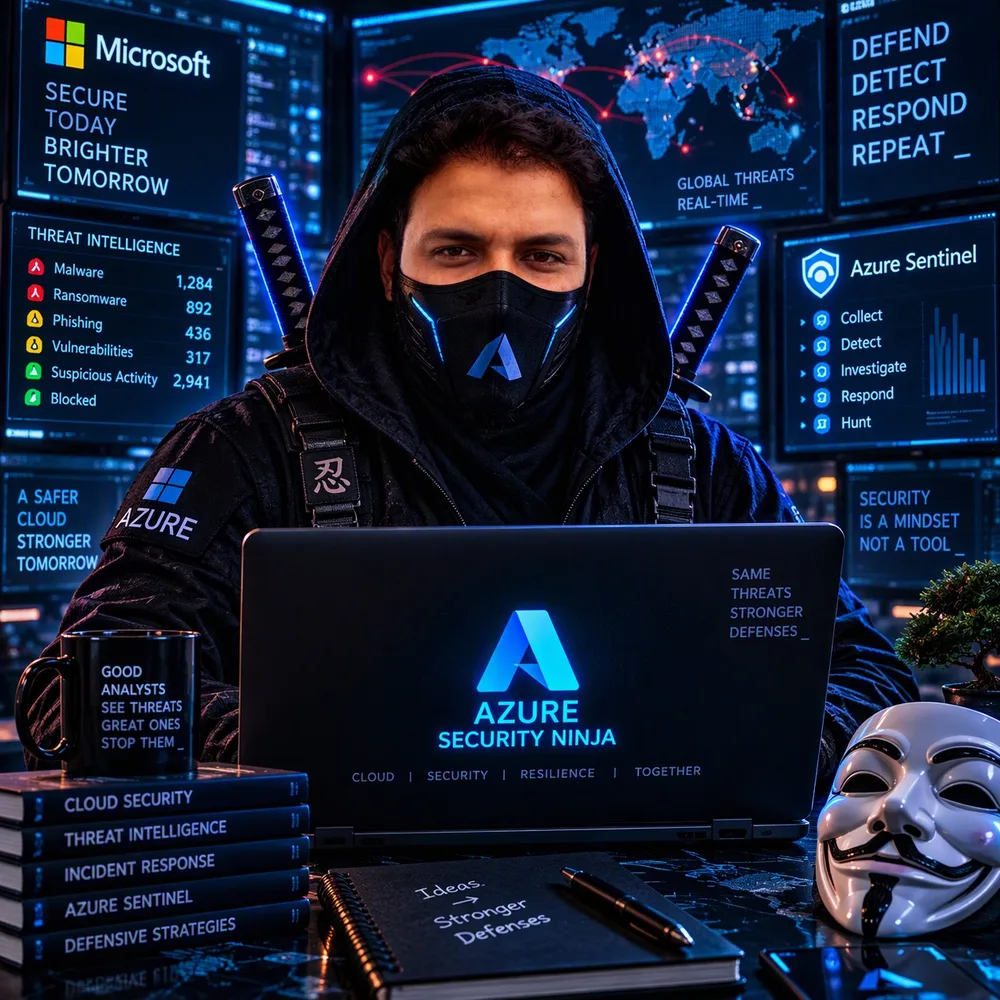 Sanjeev Rana in a hooded ninja outfit with an Azure mask, at a desk surrounded by security dashboards